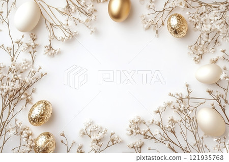 Luxurious gold ornate Easter frame with floral details and metallic eggs on an elegant white background for festive celebrations and greetings Luxurious gold ornate Easter frame with floral details and metallic eggs on an elegant white background for festive celebrations and greetings 121935768