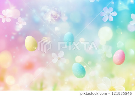 Colorful pastel background featuring floating Easter eggs, bunnies, and flowers, creating a playful and modern atmosphere perfect for spring celebrations 121935846