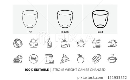 Burger, Alcohol free and Coconut line icons. Pack of Fast food, Glass, No burger icon. Ice cream, Saucepan, Coffee machine pictogram. Apple, Coffee cup, Pizza. Food delivery. Line icons. Vector Burger, Alcohol free and Coconut line icons. Pack of Fast food, Glass, No burger icon. Ice cream, Saucepan, Coffee machine pictogram. Apple, Coffee cup, Pizza. Food delivery. Line icons. Vector 121935852
