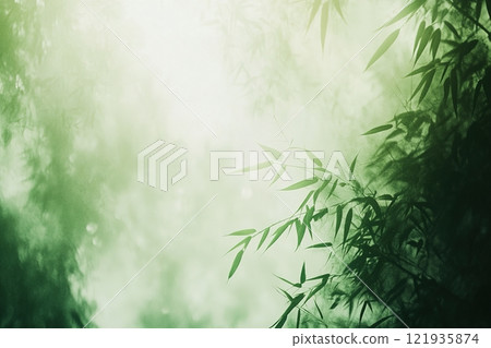 Exploring a serene bamboo forest with soft light filtering through tall stalks and a tranquil atmosphere 121935874