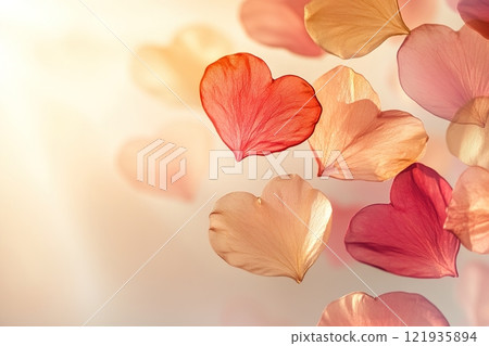 Abstract heart-shaped petals in soft pink, red, and gold gently float in the air against a pastel background, creating a tranquil and romantic atmosphere 121935894