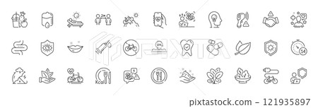 Eye protection, Quarantine and Lips line icons. Pack of Medical syringe, Mint leaves, Dental insurance icon. Electronic thermometer, Stress, Food pictogram. Stress protection, Shield, Patient. Vector 121935897