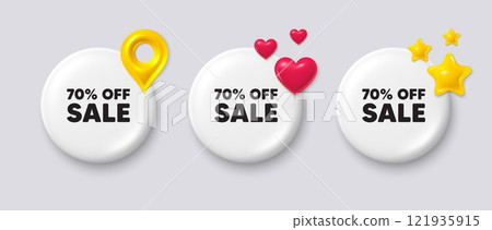 Sale 70 percent off discount. White button with 3d icons. Promotion price offer sign. Retail badge symbol. Sale button message. Banner badge with map pin, stars, heart. Social media icons. Vector 121935915
