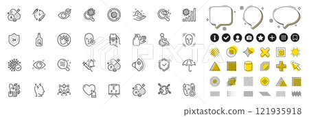 Set of Disability, Volunteer and Stress line icons for web app. Design elements, Social media icons. Phosphorus mineral, Do not touch, Vitamin a icons. Coronavirus, Umbrella, Mint bag signs. Vector Set of Disability, Volunteer and Stress line icons for web app. Design elements, Social media icons. Phosphorus mineral, Do not touch, Vitamin a icons. Coronavirus, Umbrella, Mint bag signs. Vector 121935918