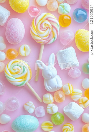 Discover vibrant candy-themed Easter delights with playful lollipops, colorful jellybeans, and sweet marshmallow bunnies in soft pastel tones 121935934