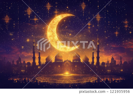 Golden Crescent Over Mosque Silhouette with Starry Sky 121935956
