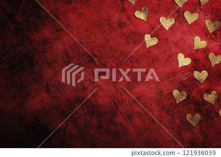 Luxurious rich red velvet background adorned with elegant golden hearts creating a romantic and inviting atmosphere for special occasions 121936039