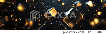 Captivating black gradient background adorned with glowing gold accents and floating geometric shapes for modern Black Friday promotions 121936060