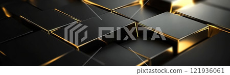 Elegant black gradient background featuring glowing gold accents and floating 3D geometric shapes for a modern and luxurious Black Friday ambiance 121936061