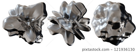 Set of 3D abstract, chrome shapes with futuristic design, isolated on white background. Modern metallic elements, cut out. Y2k style, 2000s. Sleek and tech vibe. Monochrome, gray surface. 3D render. Set of 3D abstract, chrome shapes with futuristic design, isolated on white background. Modern metallic elements, cut out. Y2k style, 2000s. Sleek and tech vibe. Monochrome, gray surface. 3D render. 121936130