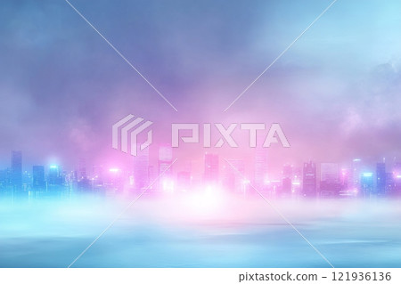 Futuristic city skyline featuring soft neon lights and a hazy atmosphere creating a captivating depth perception 121936136