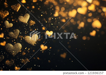 Glowing metallic gold hearts shimmer against a bold matte black background, creating an upscale and modern ambiance ideal for elegant designs Glowing metallic gold hearts shimmer against a bold matte black background, creating an upscale and modern ambiance ideal for elegant designs 121936157