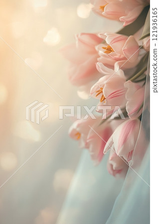 Soft bouquet of pink tulips in a tranquil pastel setting surrounded by gentle light and negative space for creative use 121936165