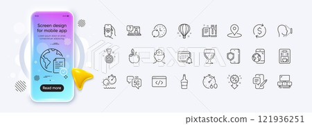 Health app, Wine glass and Dollar exchange line icons for web app. Phone mockup gradient screen. Pack of Scotch bottle, Brain working, Face id pictogram icons. Vector Health app, Wine glass and Dollar exchange line icons for web app. Phone mockup gradient screen. Pack of Scotch bottle, Brain working, Face id pictogram icons. Vector 121936251