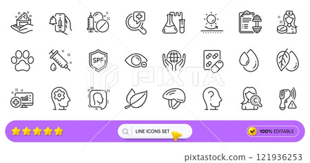 Mineral oil, Dumbbell and Mint leaves line icons for web app. Pack of Medical drugs, Sun protection, Organic tested pictogram icons. Nurse, Chemistry lab, Vaccine announcement signs. Vector 121936253