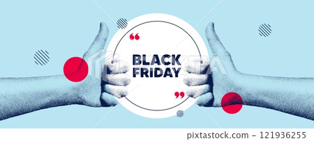 Hands showing thumb up like sign. Black Friday Sale. Special offer price sign. Advertising Discounts symbol. Black friday round frame message. Grain dots hand. Like thumb up sign. Vector 121936255
