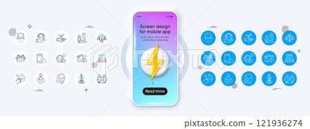 Discrimination, Outsource work and Hold smartphone line icons. Phone mockup with 3d energy icon. Pack of Teamwork, Share, Lock icon. Online voting, Hold heart, Helping hand pictogram. Vector 121936274