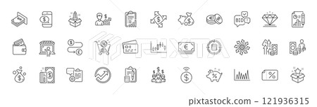 Diamond, Versatile and Savings line icons. Pack of Money transfer, Bid offer, Money profit icon. Inflation, Contactless payment, Line graph pictogram. Checklist, Phone payment, Discount banner. Vector Diamond, Versatile and Savings line icons. Pack of Money transfer, Bid offer, Money profit icon. Inflation, Contactless payment, Line graph pictogram. Checklist, Phone payment, Discount banner. Vector 121936315