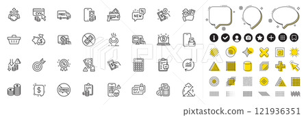 Set of Currency, Pay money and Cyber attack line icons for web app. Design elements, Social media icons. Checklist, Free delivery, Accounting icons. Bitcoin, Bill accounting, Discount signs. Vector 121936351