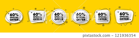60 percent discount offer tag. Speech bubble 3d icons set. Sale price promo sign. Special offer symbol. Discount chat talk message. Speech bubble banners with comma. Text balloons. Vector 121936354