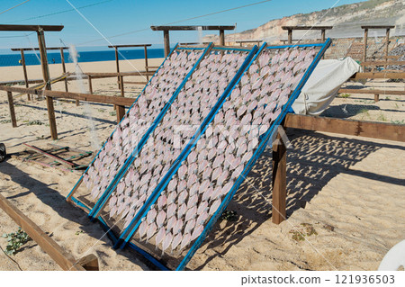 Traditional fish-drying on the beach of Nazare, Portugal 121936503