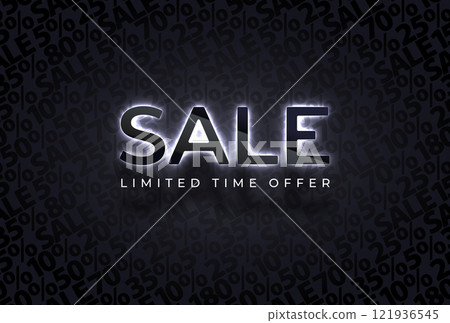 Sale black glossy glass letters with white neon glow backlight on sale vector pattern background. Limited time offer. Simple text geometric graphic print. Marketing Sale luxury advertising poster Sale black glossy glass letters with white neon glow backlight on sale vector pattern background. Limited time offer. Simple text geometric graphic print. Marketing Sale luxury advertising poster 121936545