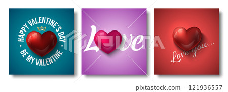 Valentines Day square bright social network post template set. Glamour vector glossy red 3d heart with Happy Valentines Day, Be My Valentine, Love You lettering on blue, violet pink, red background Valentines Day square bright social network post template set. Glamour vector glossy red 3d heart with Happy Valentines Day, Be My Valentine, Love You lettering on blue, violet pink, red background 121936557