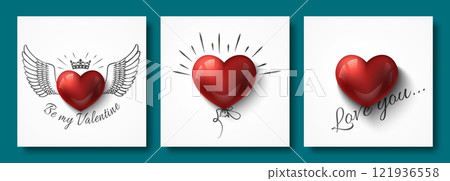 Valentines Day square social network post template set. Vector glossy red 3d heart with black crown, wings, baloon on white background. Be My Valintine, love you lettering greeting card for messenger Valentines Day square social network post template set. Vector glossy red 3d heart with black crown, wings, baloon on white background. Be My Valintine, love you lettering greeting card for messenger 121936558