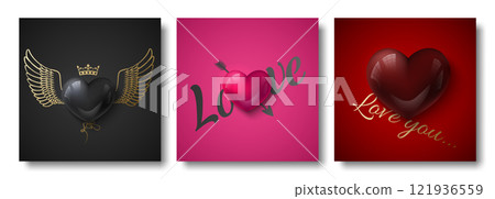 Valentines Day square social network post template set. Vector glossy burgundy, black and pink 3d heart with gold crown, wings, baloon and arrow on red background. Love you lettering greeting card Valentines Day square social network post template set. Vector glossy burgundy, black and pink 3d heart with gold crown, wings, baloon and arrow on red background. Love you lettering greeting card 121936559