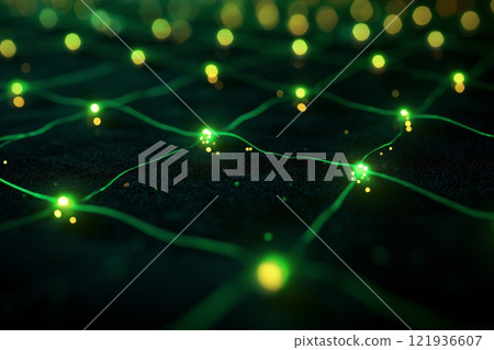 Futuristic green grid pattern with glowing lights in a digital landscape 121936607