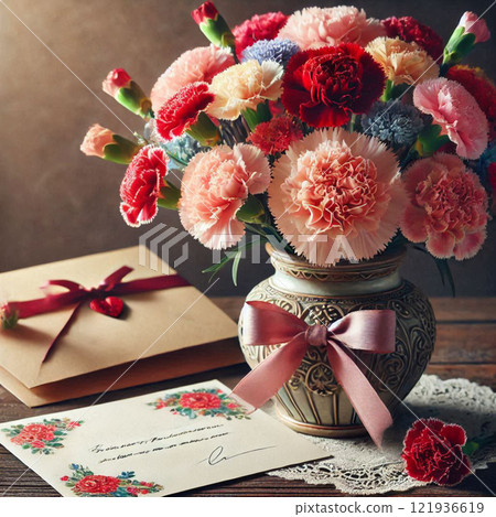 A bouquet of colorful carnations in a decorative vase, accompanied by a card and an envelope 121936619