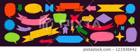 Ribbon banners and simple shapes in rough rustic style. Hand drawn vintage textured badges, banners, ribbon, flags, and other design elements. Hand-drawn infographic Vector collection Ribbon banners and simple shapes in rough rustic style. Hand drawn vintage textured badges, banners, ribbon, flags, and other design elements. Hand-drawn infographic Vector collection 121936642