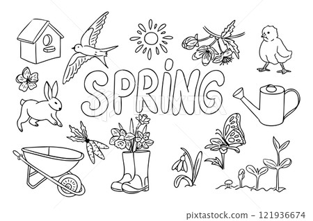 Spring black and white coloring page with flowers, a rabbit, birds, a wheelbarrow, boots, a watering can, and the contour line word Spring. Vector doodle composition isolated on white background 121936674