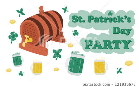 Festive St Patricks Day banner with a beer barrel, mugs of green and yellow beer, clovers, gold coins, and decorative lettering isolated on white background. Vector holiday banner with typography 121936675