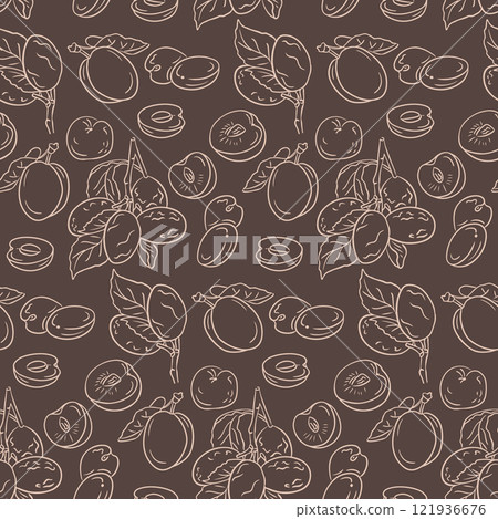 Seamless pattern with hand drawn plums, leaves, and fruit halves on a dark brown background, creating an elegant and rustic design. Vector doodle contrast illustration 121936676