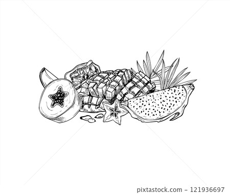 Aromatic delicious fruit mix hand drawn black and white vector illustration. Papaya, mango, carambola, maracuja, Pitahaya slices with tropical palm leaves ink sketch. For beach drinks, package design. Aromatic delicious fruit mix hand drawn black and white vector illustration. Papaya, mango, carambola, maracuja, Pitahaya slices with tropical palm leaves ink sketch. For beach drinks, package design. 121936697