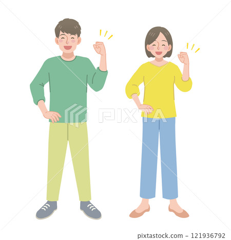 A man and a woman doing a fist pump with a smile A man and a woman doing a fist pump with a smile 121936792