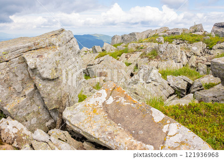 green alpine hill and meadow of carpathians. wonderful  highland. landscape with stones among the grass beneath a sky with clouds. summer vacations in ukrainian mountains. explore extreme terrain 121936968
