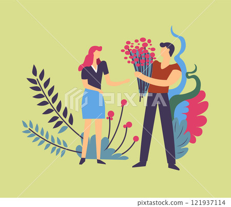 Couple Exchanging Flowers Illustration 121937114