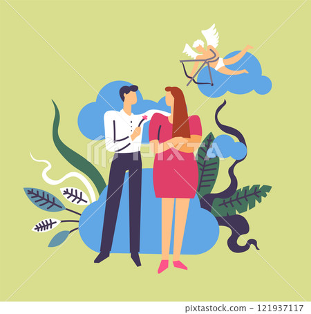 Romantic Couple With Cupid Illustration 121937117