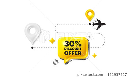 Journey path position 3d pin. 30 percent discount tag. Sale offer price sign. Special offer symbol. Discount message. Chat speech bubble, place banner. Yellow text box. Vector 121937327