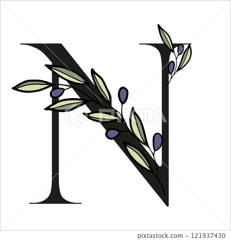 Olive branch alphabet letter for decor of card or wedding invite. Vector hand drawn illustration for design 121937430