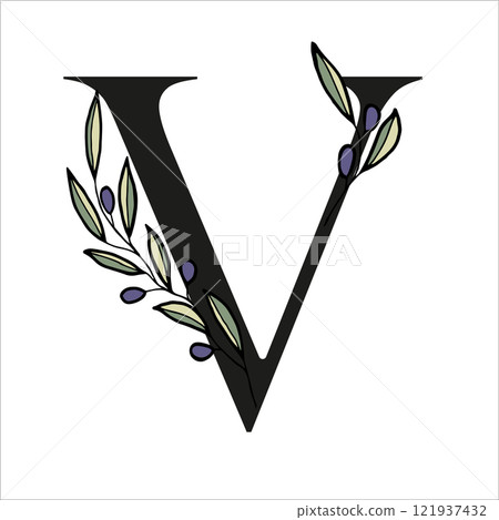 Olive branch alphabet letter for decor of card or wedding invite. Vector hand drawn illustration for design Olive branch alphabet letter for decor of card or wedding invite. Vector hand drawn illustration for design 121937432