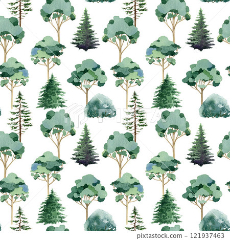 Mix tree forest seamless pattern element. Painted fir trees, bushes, eucalyptus on white background. Elegant woodland illustration pattern design perfect for printing, textile, wrapping paper Mix tree forest seamless pattern element. Painted fir trees, bushes, eucalyptus on white background. Elegant woodland illustration pattern design perfect for printing, textile, wrapping paper 121937463