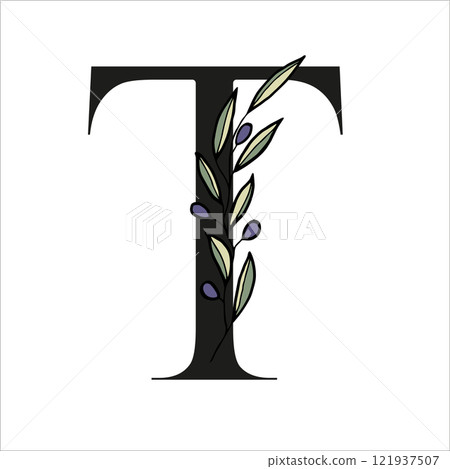 Olive branch alphabet letter for decor of card or wedding invite. Vector hand drawn illustration for design 121937507