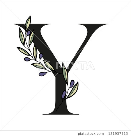 Olive branch alphabet letter for decor of card or wedding invite. Vector hand drawn illustration for design 121937513