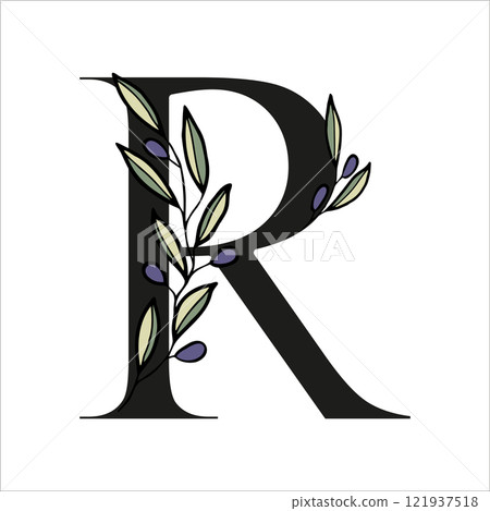 Olive branch alphabet letter for decor of card or wedding invite. Vector hand drawn illustration for design Olive branch alphabet letter for decor of card or wedding invite. Vector hand drawn illustration for design 121937518