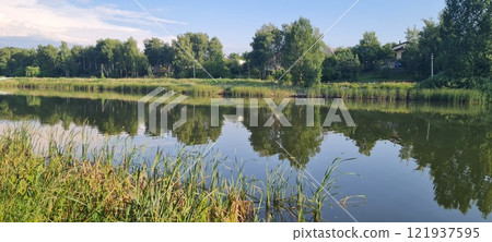 Rural landscape, nature photo, fields with wheat, background of ripening ears at sunrise, cloudy, sky background, horizon, rural meadows, country road, also, river, birch grove, Ukraine, Kharkov, prin 121937595