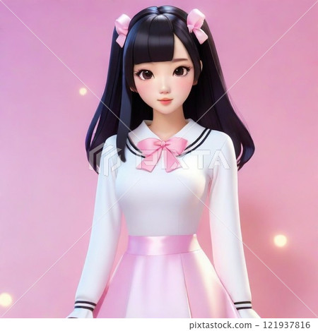 Idol-like woman with black hair in half-up style with ribbon 121937816