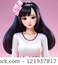 A woman in white clothes with long black hair and a ribbon 121937817